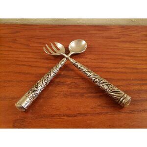 Salad Spoon and Fork Set Silver Tone Ornate Vintage with Marble Stone Ends